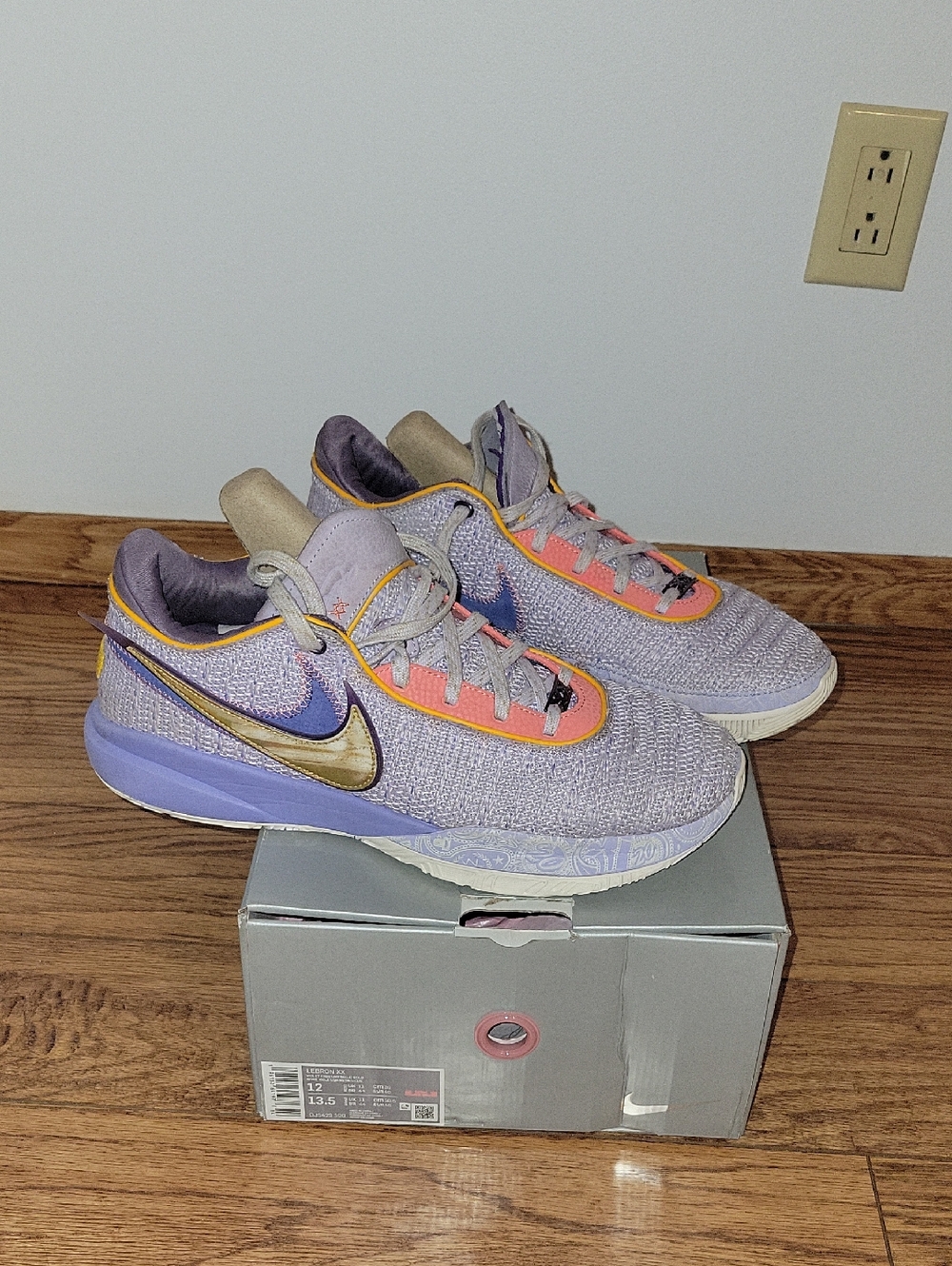 Nike Low-Top Sneakers in Lavender with Gold Swoosh and Coral Trim, Lebron XX
